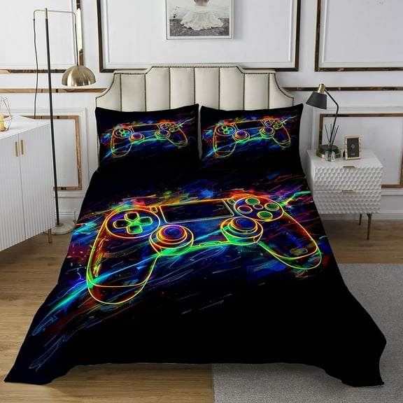 YST Gaming Quilt Set Watercolor Video Games Bedspread Set Yellow Green and Blue Bedspread Sets Teens Boys Gamepad Coverlet Set Queen Size Modern Gamer Decor