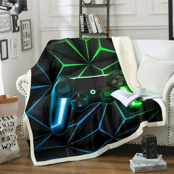 Gaming Throw Blanket Video Game Gamer Blanket Teens Blue Green Gamepad Fleece Blanket Queen Size Couch Gifts, Warm Soft