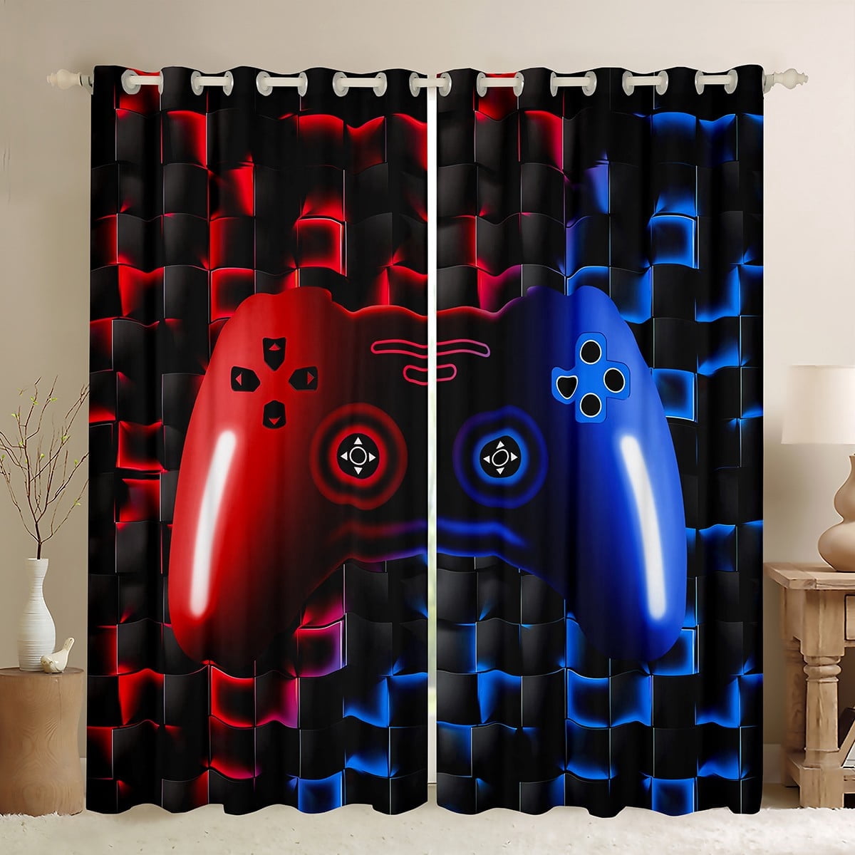 Gaming Window Curtains Bedroom 38"Wx45"L 30%-50% Blackout Curtains 3D Geometric Gamer Curtains & Drapes,Game Console Window Treatments 2 Panels,Neon Red Blue Black