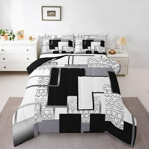 Geometric Aztec Bedding Sets King Abstract Boho Aztec Check Comforter Setwestern Geometric Grids Down Comforter Teen Adults,Black White Grey Bed Set Modern Fashion Room Decor