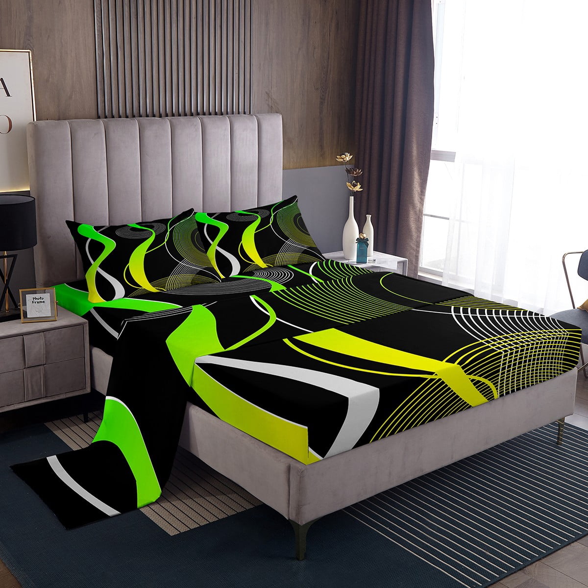 Geometric Bed Sheets Set Twin, Green Yellow Black White Sheet Set ...