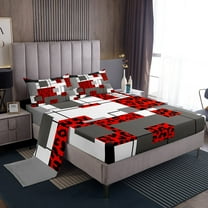 YST Geometric Cheetah Print Bed Sheets Twin Red Black Grey Stripe Grid Leopard Sheet Set Abstract Wild Animal Geometry Bedding Set Wildlife Fitted Sheet   Flat Sheet   1 Pillow Case