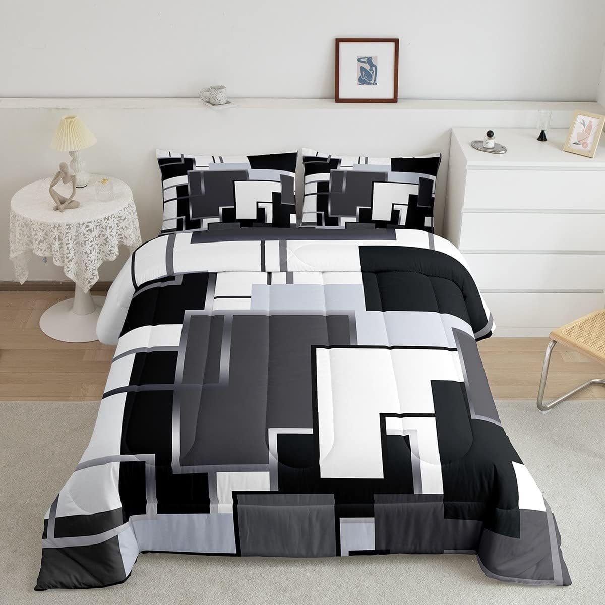 YST Twin Size Geometric Comforter Set, Black & White Ombre Quilt with 1 ...