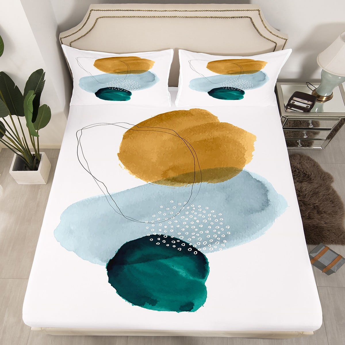 YST Geometric Full Fitted Sheet Vintage Minimalism Sheets, Mid Century Bed Sheets Abstract Polka