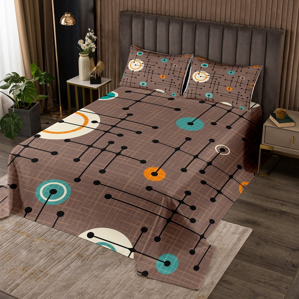 YST Geometric Grid Queen Quilt Set Brown Minimalism Coverlet Set, Mid Century Bedding Set Retro