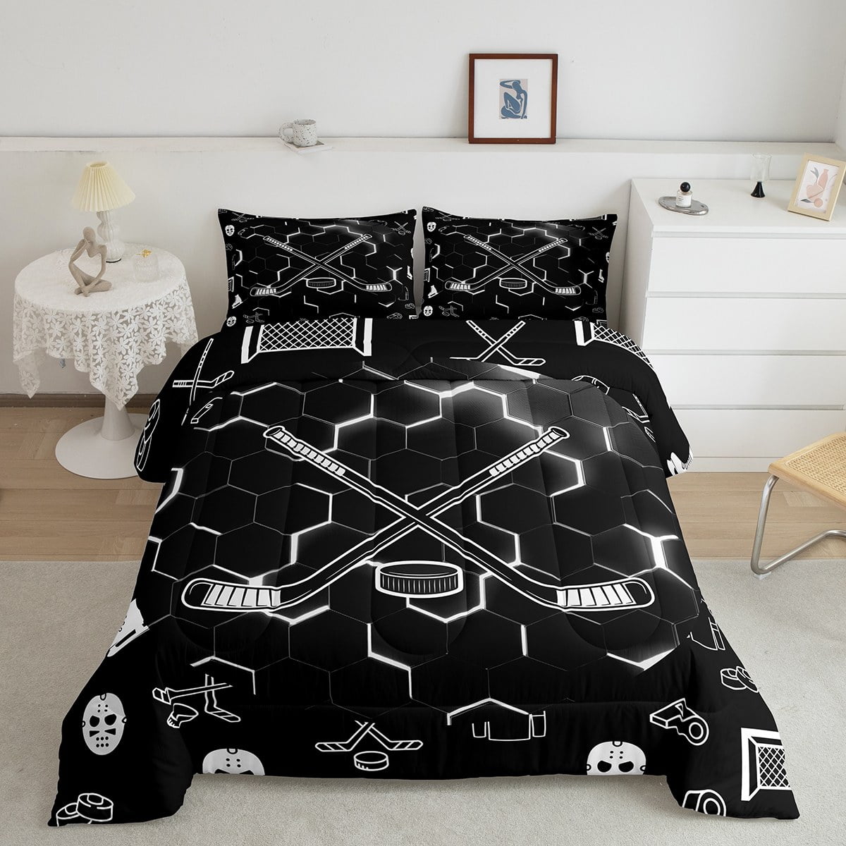 YST Geometric Hockey Comforter Sports Ice Hockey Twin Bedding Set For