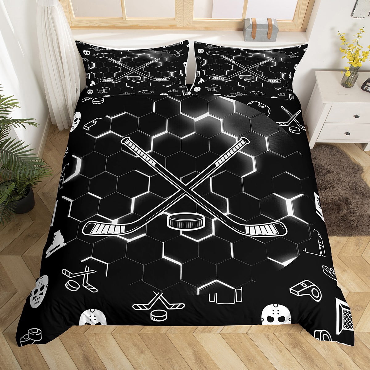 YST Geometric Hockey Duvet Cover Sports Ice Hockey Twin Size Bedding