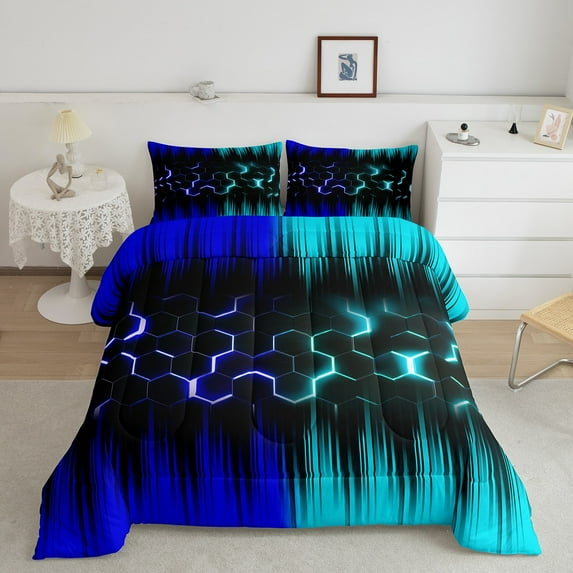 Erosebridal Geometric Honeycomb Comforter Set King Neon Teal Blue Black Stripes Bedding Set Adult,Abstract Gradient Ombre Comforter Set Geometry Beehive Hexagon Quilt 3Pcs