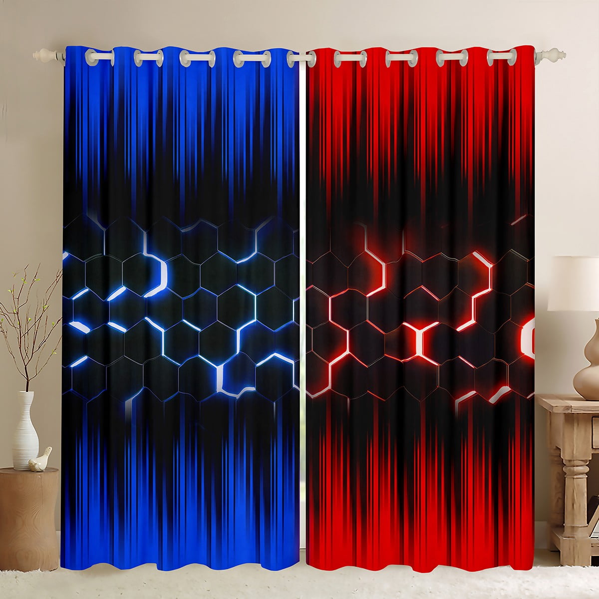 YST Geometric Curtains Blackout Neon Blue Red Black Striped