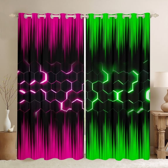 Geometric Honeycomb Curtains 30%-50% Blackout Neon Pink Green Black Striped Curtains & Drapes Bedroom,Gradient Ombre Window Curtains Beehive Hexagon Window Treatments