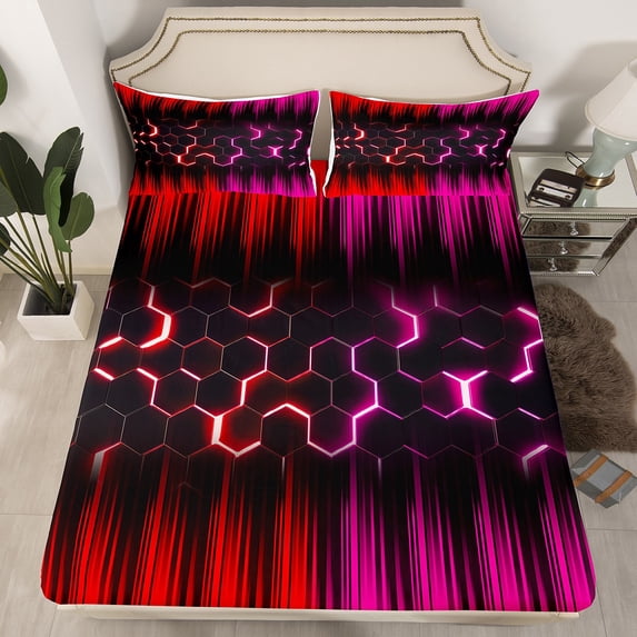 Erosebridal Geometric Honeycomb Fitted Sheet Twin Neon Red Pink Black Striped Bed Sheets Adult,Abstract Gradient Ombre Bedding Set Geometry Beehive Hexagon Bed Set
