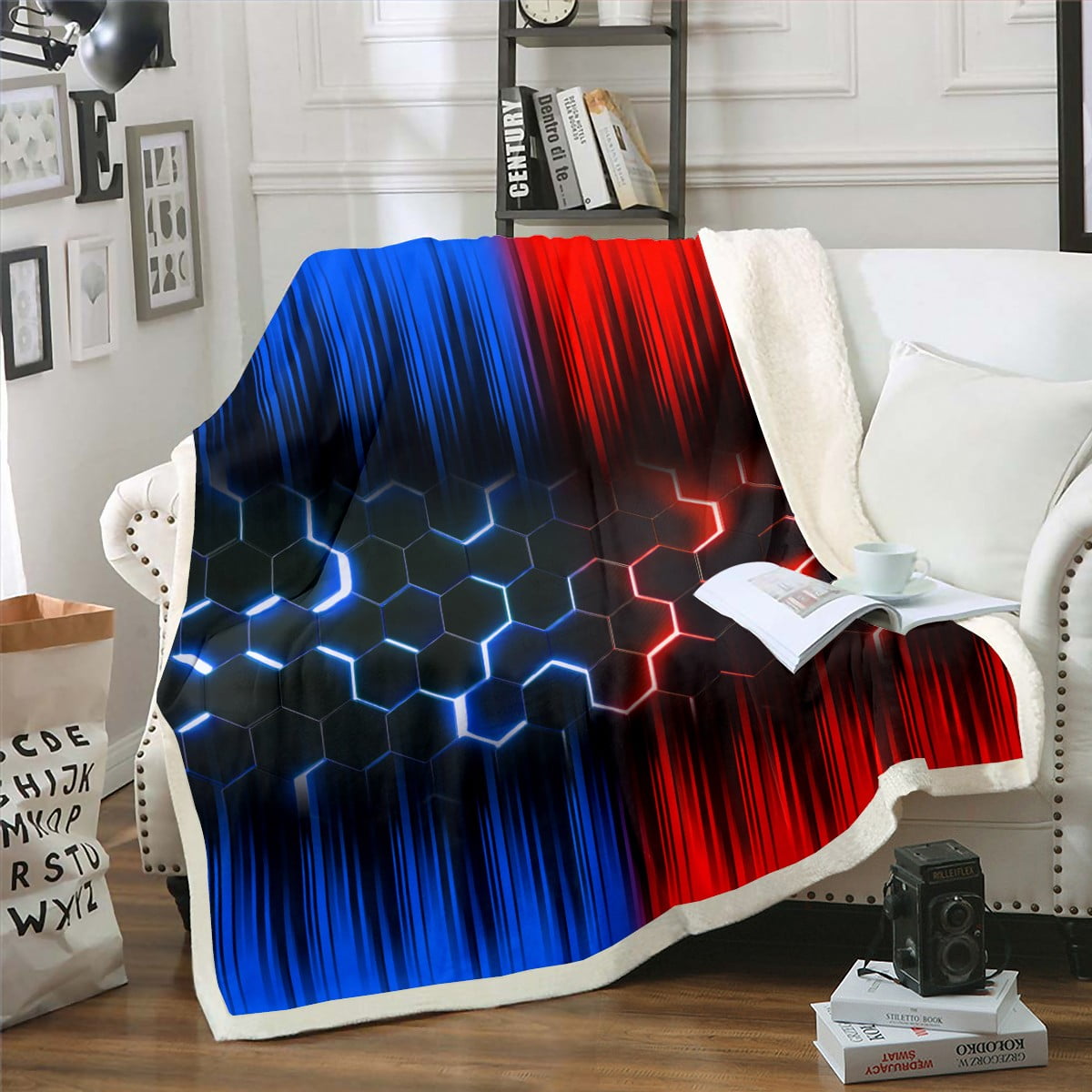 Geometric Honeycomb Throw Blanket Neon Blue Red Black Stripes Blanket ...