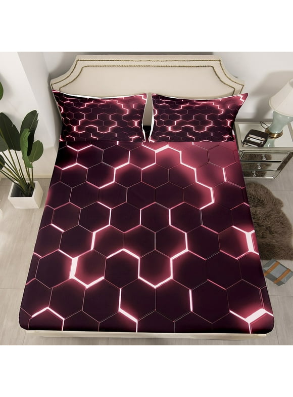 YST Geometric Honeycomb Twin Bed Sheets For Girls Kids Hot Pink Black Fitted Sheet Women Geometry Hexagon Beehive Bedding Set Modern Fashion Geometrical Bed Set 2 Pcs