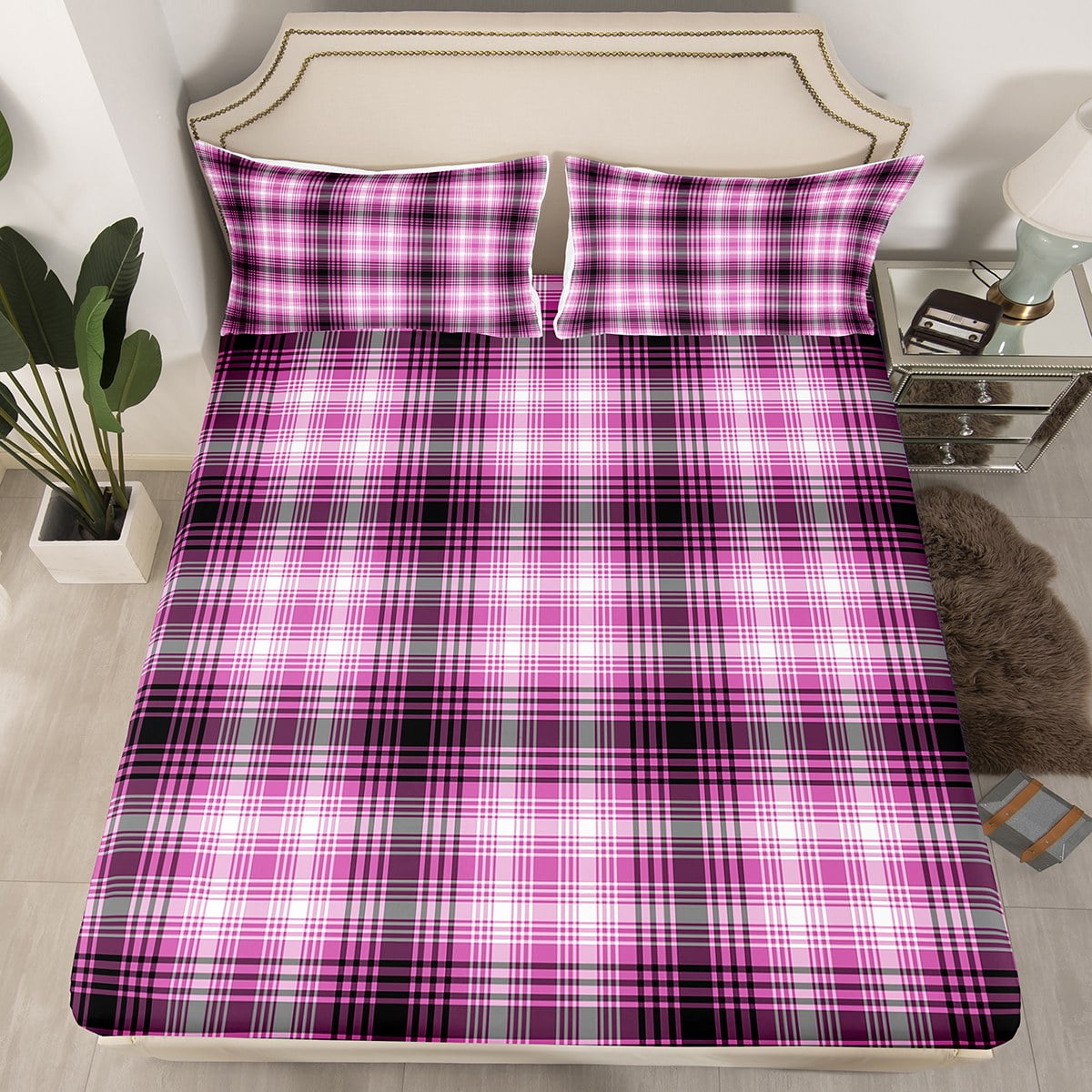 YST Geometric Lattice Fitted Sheet Purple Black White Check Bed Sheets For Kids Girls Women