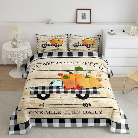 Geometric Plaid Truck Comforter Set Full Size,Rustic Farmhouse Bedding Sets,Fall Pumpkin Themed Quilt Halloween Style Duvet Insert Thanks Giving Day Bedspread