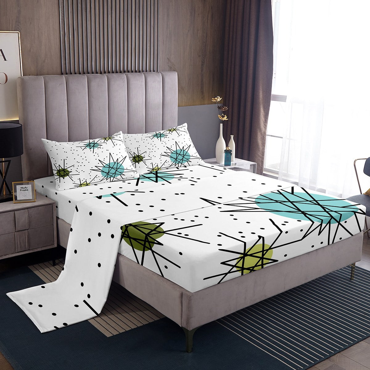 YST Geometric Polka Dots Bed Sheets Set Modern Mid Century Queen Size Sheet Sets, Boho