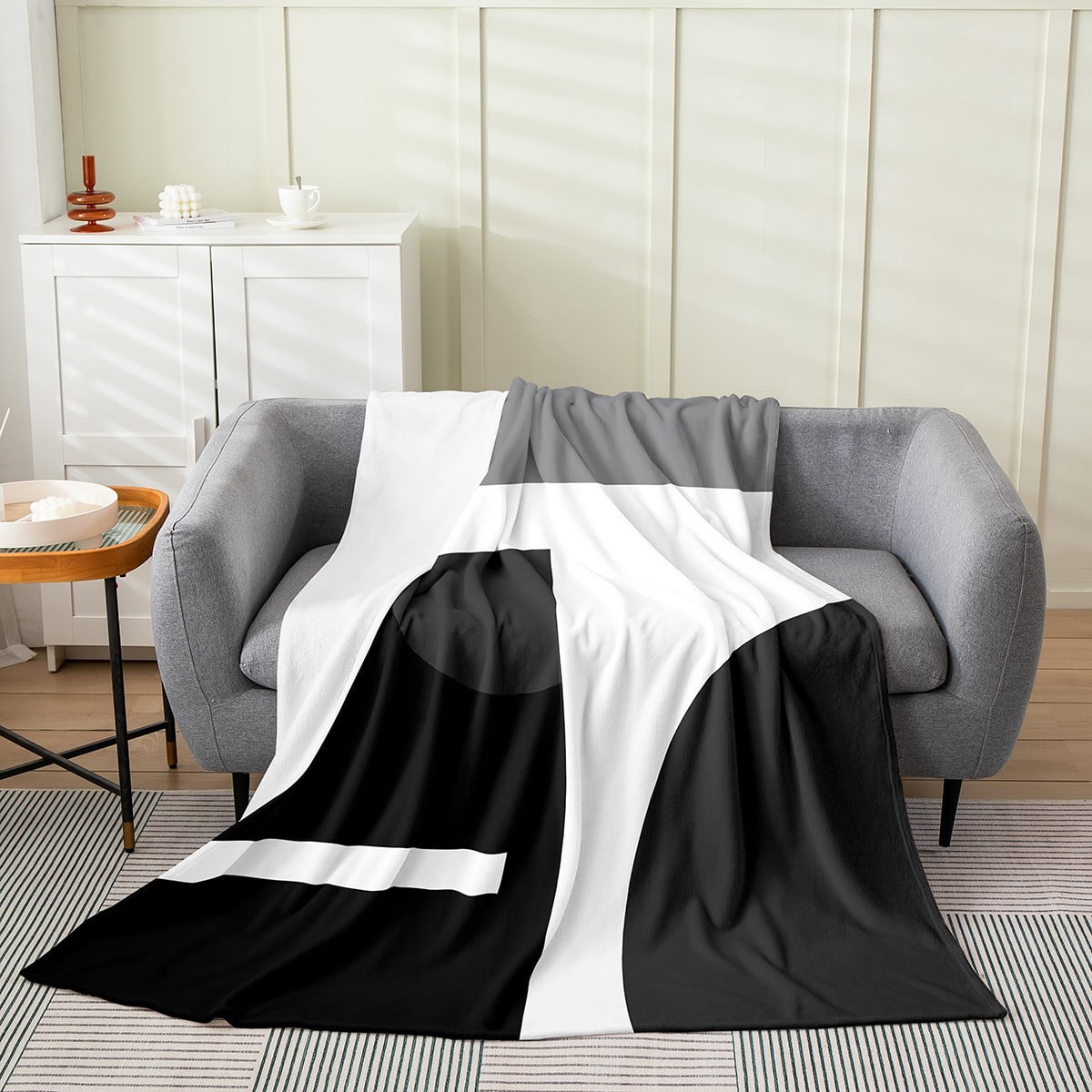 YST Geometric Rectangle Throw Blanket,Black White Gray Fleece Blanket