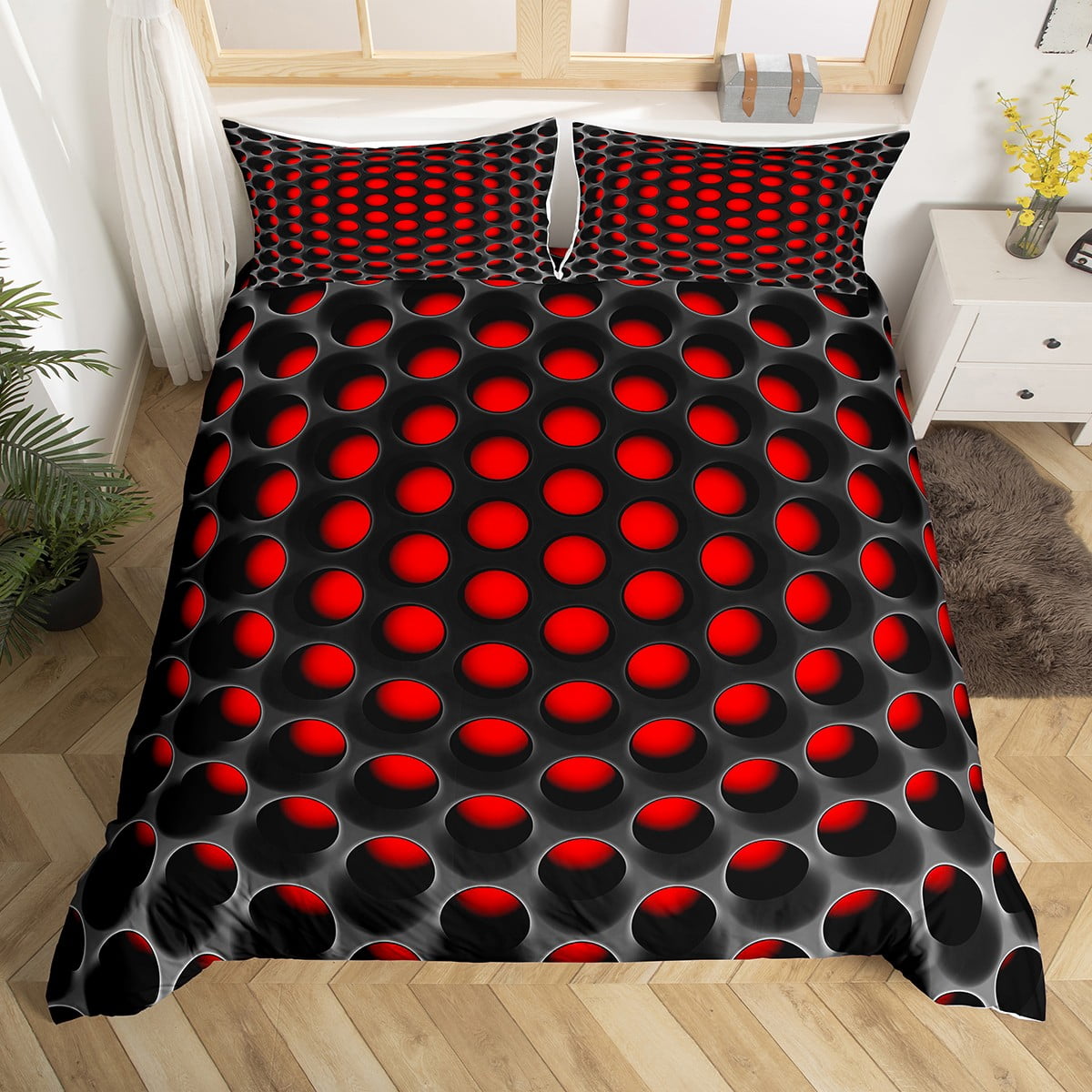 YST Geometric Twin Comforter Cover Neon Black And Red Bedding Set For
