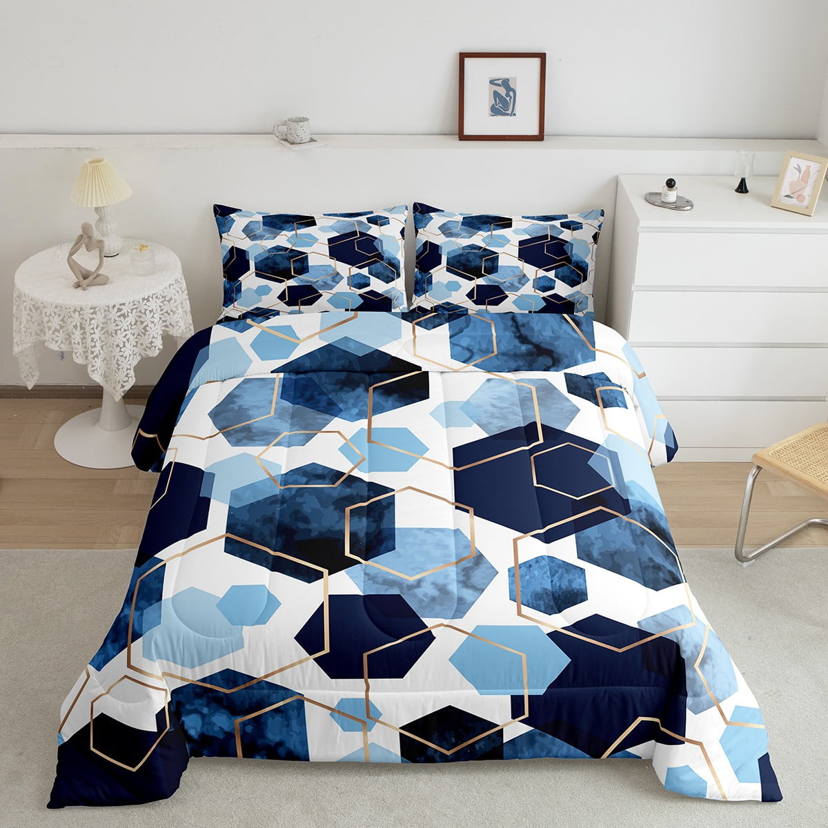 YST Geometry Hexagon Comforter Set King Navy Blue Bedding Set