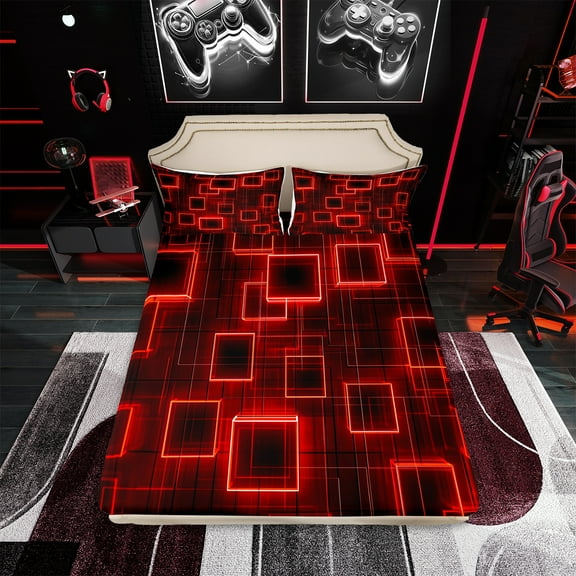 Geometry Kids Sheet Set Twin Size,Red Neon Light Black Sheets Geometric Grid Lines Bed Sheets Set,Modern Abstract Gradient Cubes Bed Set For Boys Girls Adults