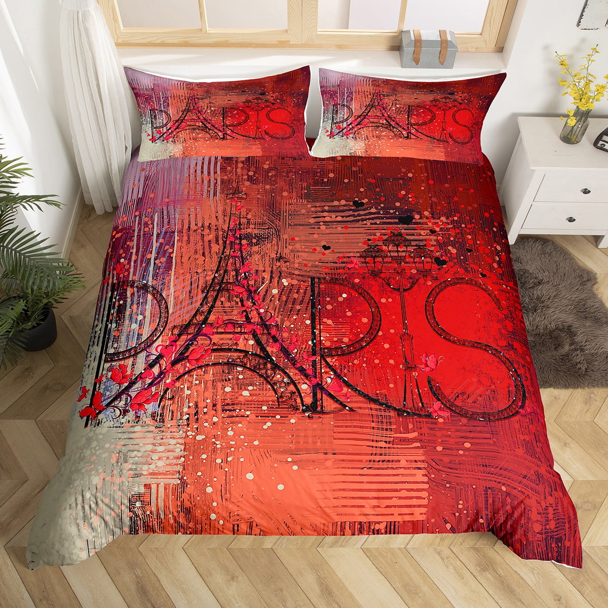YST Geometry Patchwork Bed Set Red Oil Painting Duvet Cover, Romance