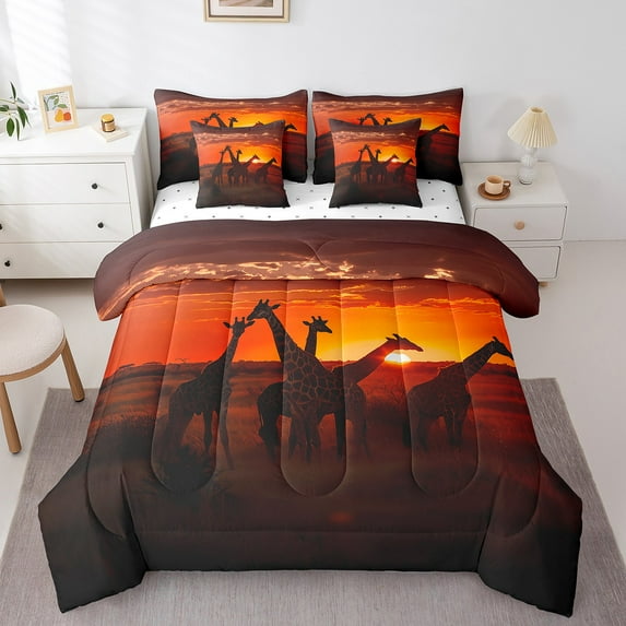 YST Giraffe Comforter Set 3D Giraffe Printed Bedding Sets 7 Piece Full Natural Sunrise Scenery Bed In A Bag Jungle Wildlife Quilt with Flat Fitted Sheet Safair African Animals Pillow Covers