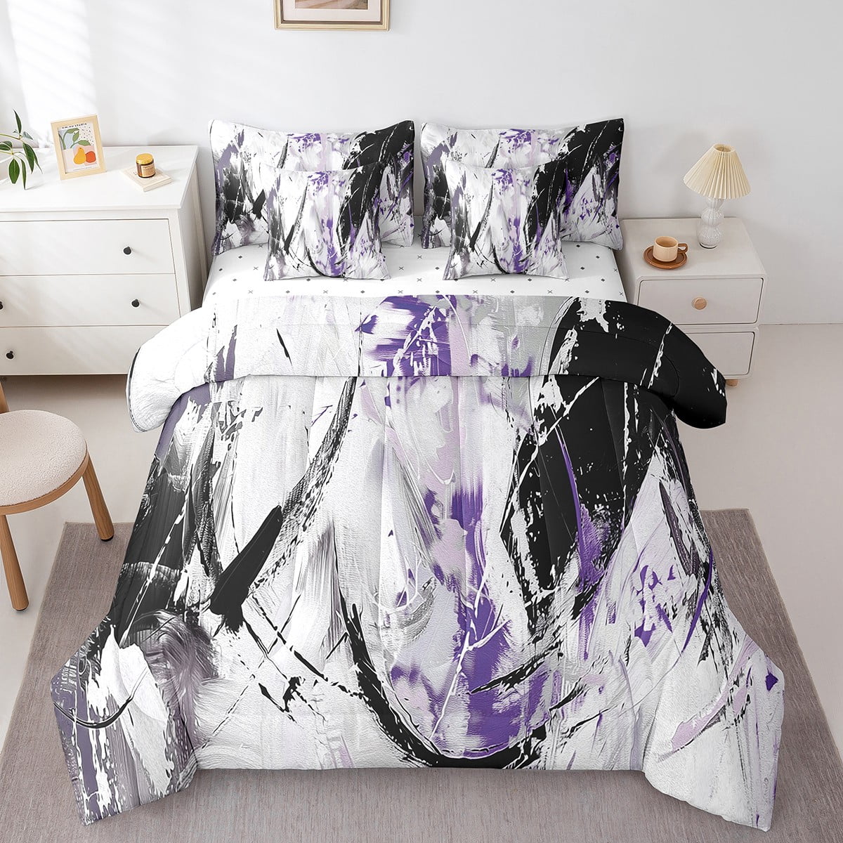 YST Girls Abstract Bed In A Bag 7 Piece King Black And Purple Abstract