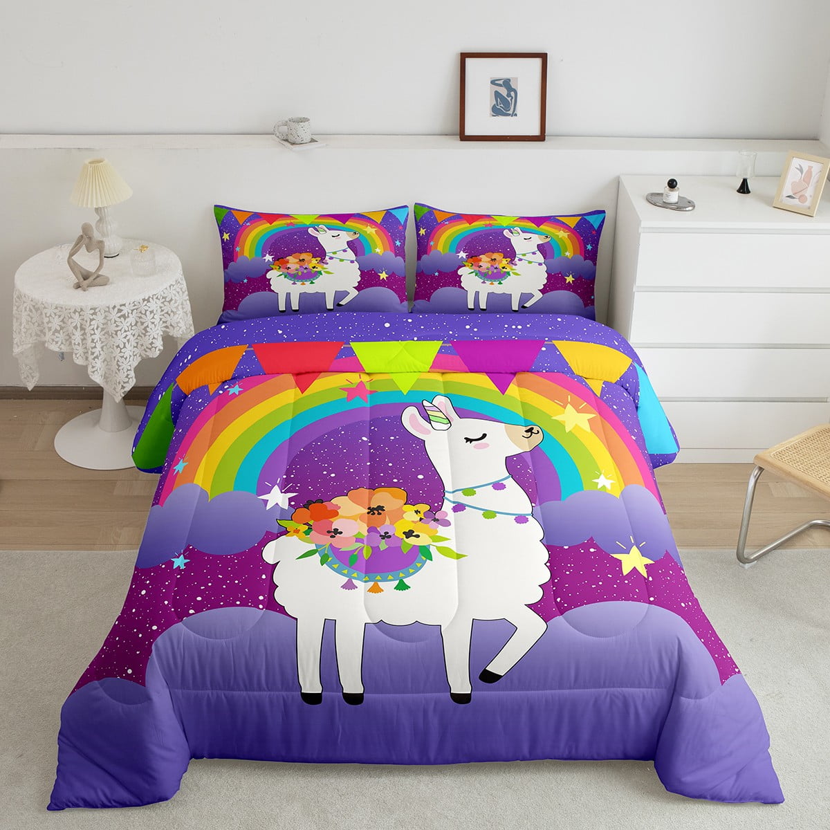 YST Girls Alpaca Bedding Sets Full Girls Comforter Set Cute Rainbow Unicorn Print Duvet Insert