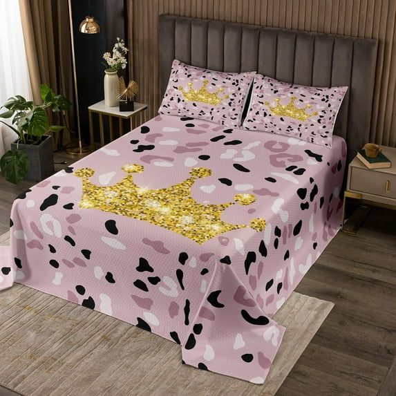 Erosebridal Bedspread Queen Size Chic Gold Crown Quilt Set for Women, Pink Leopard Print Coverlet Set Girly Cheetah Print Bedding Set, Graceful Pretty Princess Bed Cover for All Seasons 3 Piece