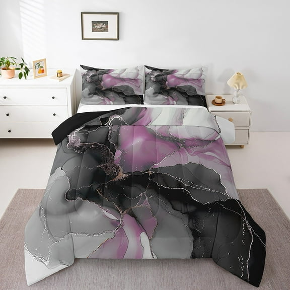 Black and Pink Bedding Queen Size Modern Marble Comforter Set Queen, Gold Metallic Duvet Insert Chic Foil Print Quilt Set, Abstract Mountain Fluid Bedding Comforters & Sets