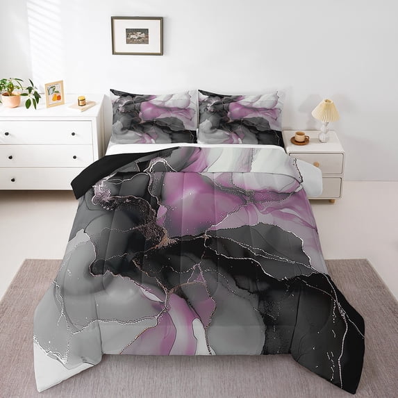 Erosebridal Black and Pink King Bedding Sets Modern Marble Comforter Set, Gold Metallic Duvet Insert Chic Foil Print Down Comforter, Abstract Mountain Fluid Bedding Comforter Sets