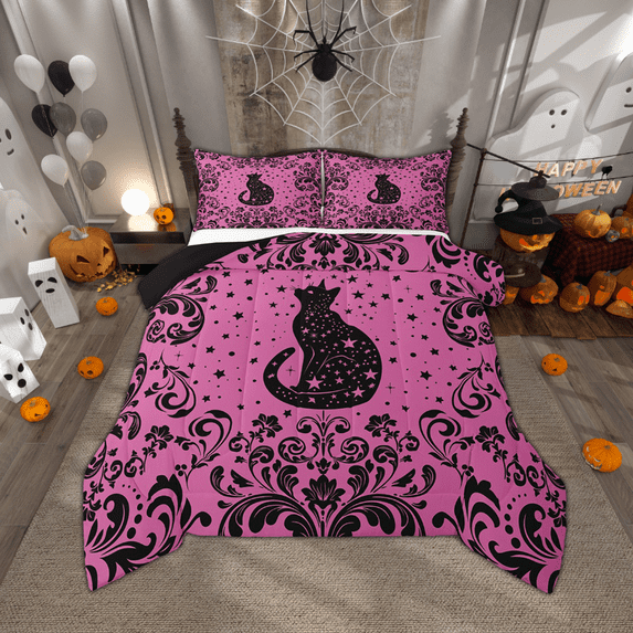 Boho Black Cat Bedding Set Twin Pink Black Halloween Gothic Comforter Set Teen Women Exotic Damask Floral Goth Cat Bed Comforter Set Hippie Stars Moon Animal Quilt