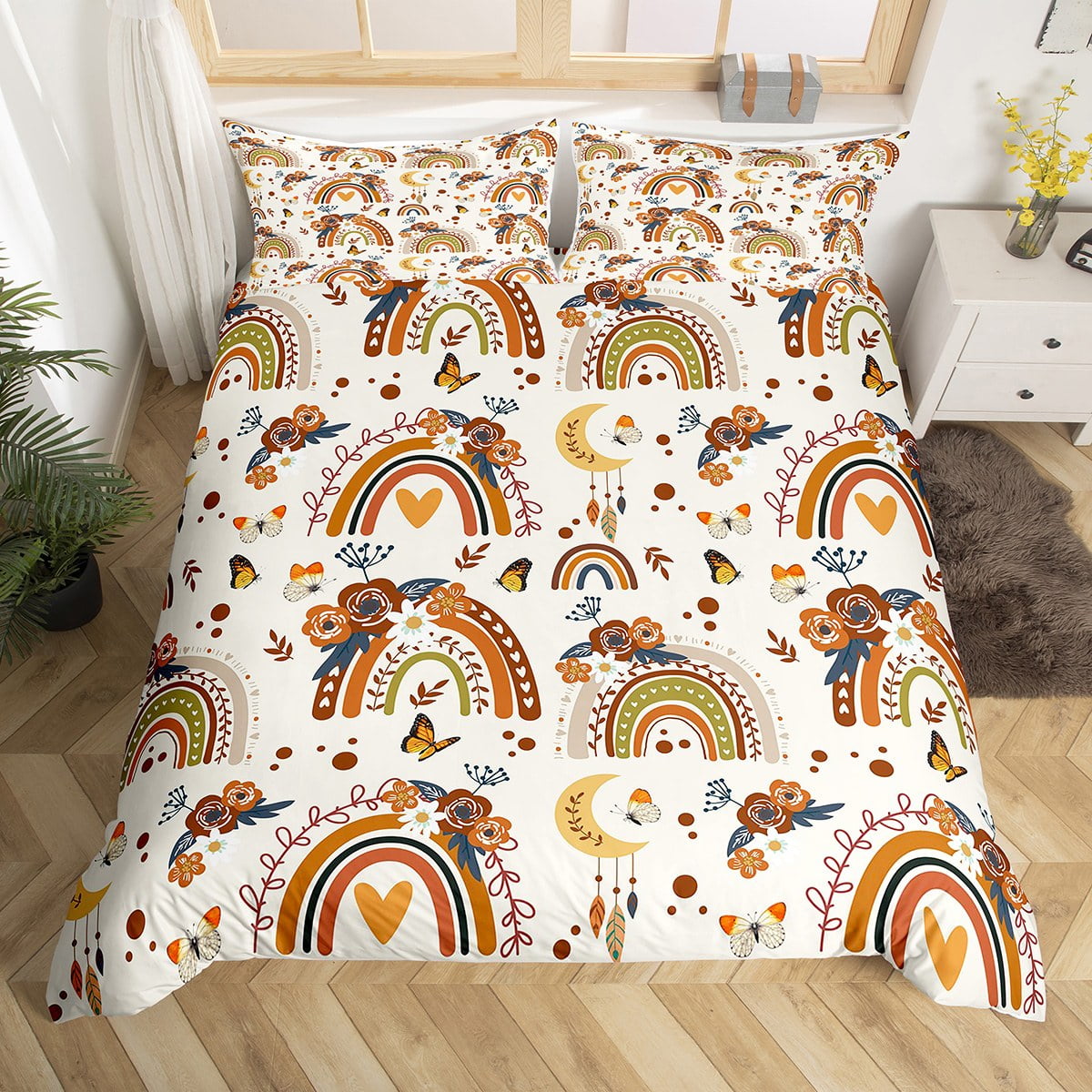 YST Girls Boho Rainbow Duvet Cover Floral Moon Butterfly Bedding Sets