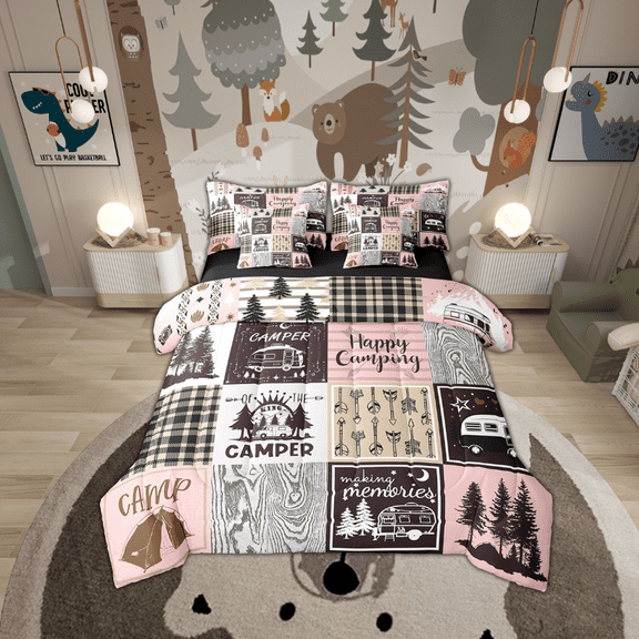 YST Girls Camping Queen Bed In A Bag 7 Piece,Pink Camper Kids Comforter Set With Sheets For Bunk,Rv Decor Bedding Comforter Sets For Travel Trailers Rustic Farmhouse Buffalo Plaid Bed Set