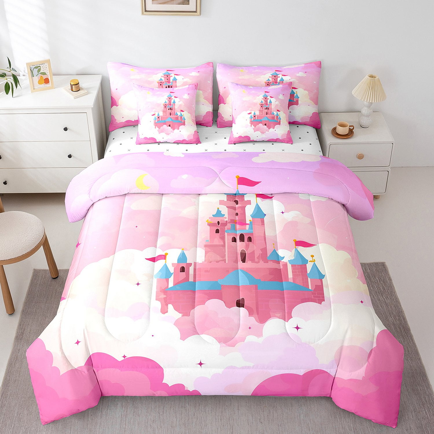 YST Girls Castle Comforter Set 7-Piece, Dreamy Princess Castle Bed in a ...