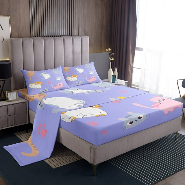YST Girls Cat Bed Sheets Twin Size,Cute Cats Sheet Set For Kids Kawaii