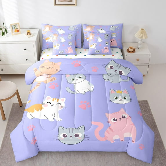 Cat Bedding Set Twin Size 7 Piece Cute Cats Bed In A Bag With Sheets Pillow Covers Cartoon Pet Animal Paw Comforter Set Reversible Colorful Polk Dots Stars Bed Set