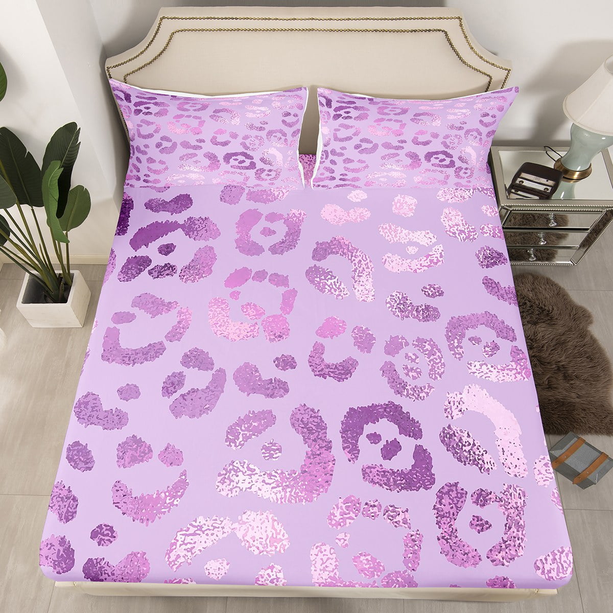 YST Girls Cheetah Print Bed Sheets Purple Animal Print Fitted Sheet