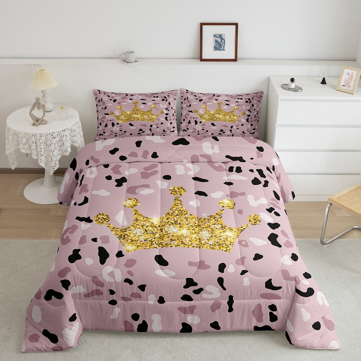 YST Girls Comforter Set Queen Chic Gold Crown Bedding Set for Women, Pink Leopard Print Down