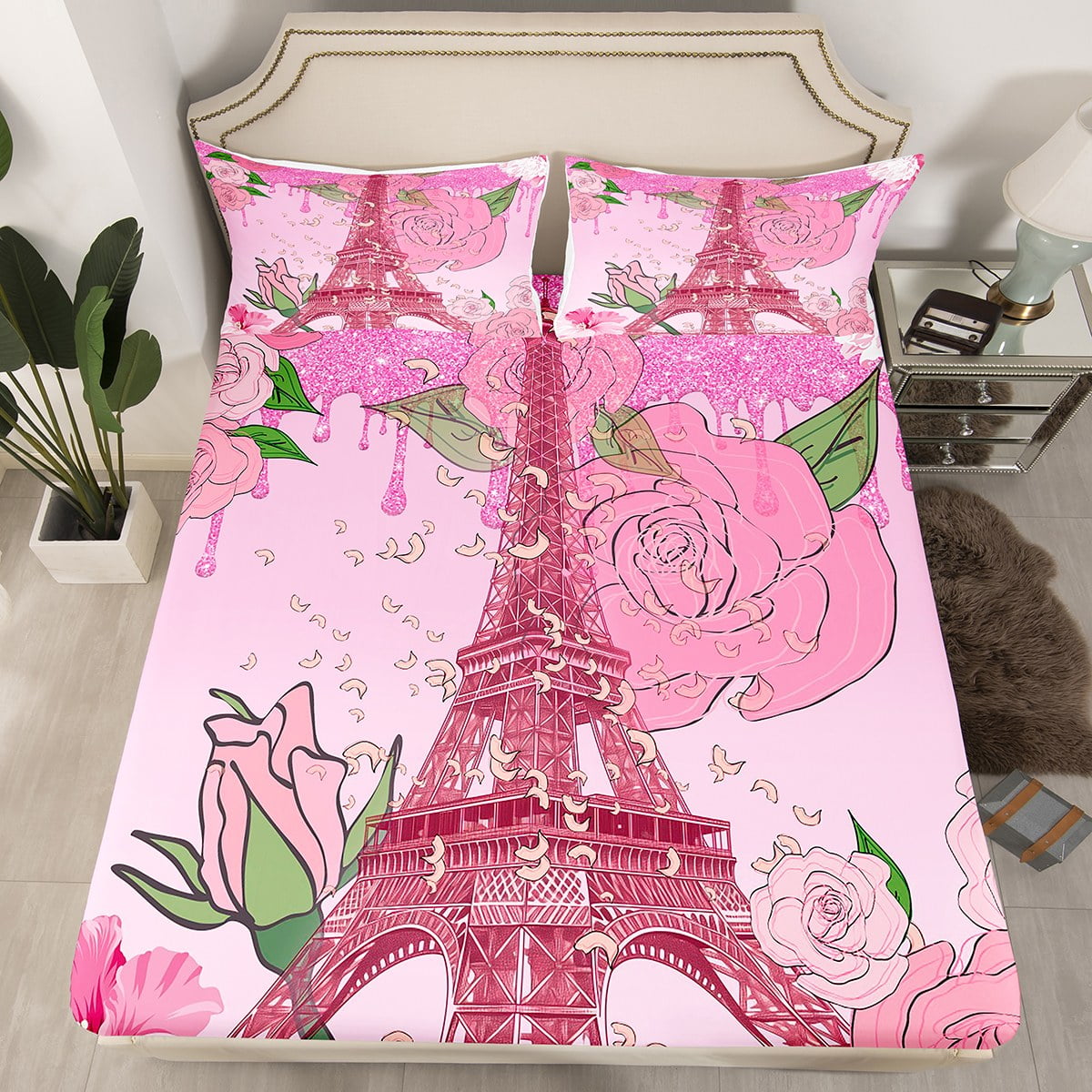 YST Girls Eiffel Tower Bed Set Romantic Rose Floral Bed Sheets Queen