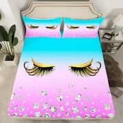 YST Girls Fitted Sheet Gorgeous Golden Eyelash Bed Sheets Pretty Makeup Curly Eyelash Queen Bed Sets, Priness Style Romantic Decorations Sheets Valentines Day Gifts, No Flat Sheet