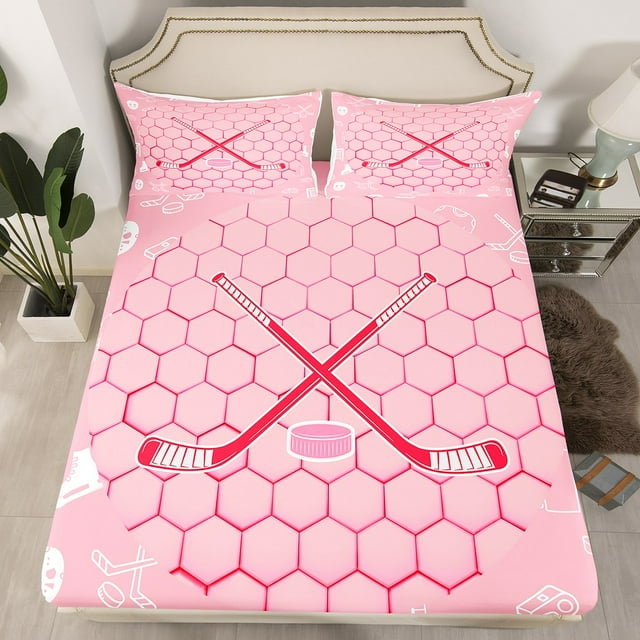YST Girls Fitted Sheet Twin Size Pink Ice Hockey Bedding Set Cute