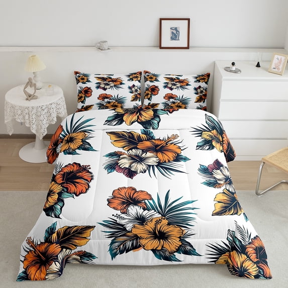 Erosebridal Floral Bedding Sets Full For Women Yellow White Morning Glory Comforter Set,Chic Flower Bedding Comforter Sets Green Leaf Quilt Set Spring Theme Quilted Duvet Vintage Bedroom Decor