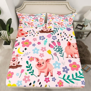 YST Girls Floral Pig Fitted Sheet Twin,Cartoon Pink Pig Bed Sheets for Kids,Cute Animal Woodland Bed Set,Cute Farm Piggy Bedding Set with 1 Pillowcase Deep Pockets,no Top Sheet