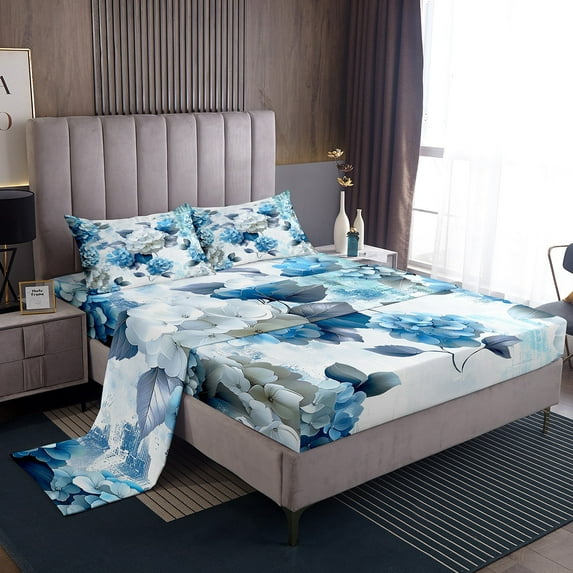 YST Girls Flower Bed Sheets Set Hydrangea Floral Sheet Set for Women, Blue Gradient Bed Set Vintage Ombre King Sheets, Oil Painting Aesthetic Bedding Set Room Decorative