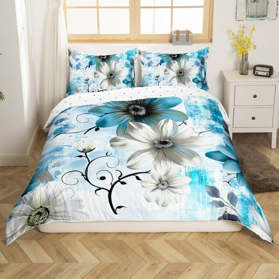 Erosebridal Flower Duvet Cover King Size Daisy Floral Bedding Set for Women, Blue Gradient Comforter Cover Vintage Ombre Bed Set, Oil Painting Aesthetic Bedroom Set Room Decorative