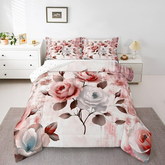 Girls Flower Twin Bedding Sets Rose Floral Comforter Set for Women,Red Gradient Bedding Comforter Sets Vintage Ombre Duvet Insert,Oil Painting Aesthetic Down Comforter Room Decorative