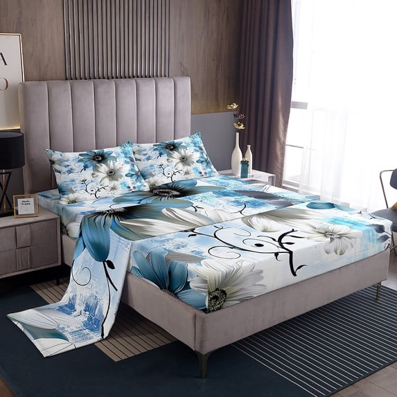 Erosebridal Flower Twin Size Sheet Sets Daisy Floral Bed Sheets Set for Women, Blue Gradient Sheets Vintage Ombre Bedding, Oil Painting Aesthetic Fitted Sheet Room Decorative