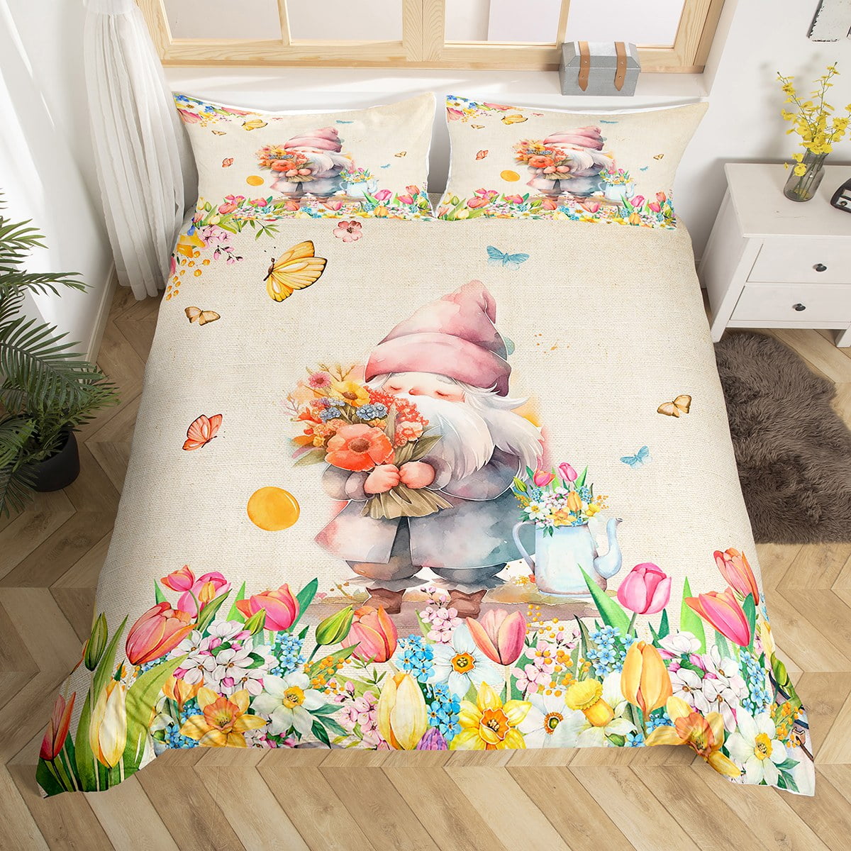 YST Girls Gnomes Duvet Cover for Kids Boys Girls,Romantic Tulip Leaves