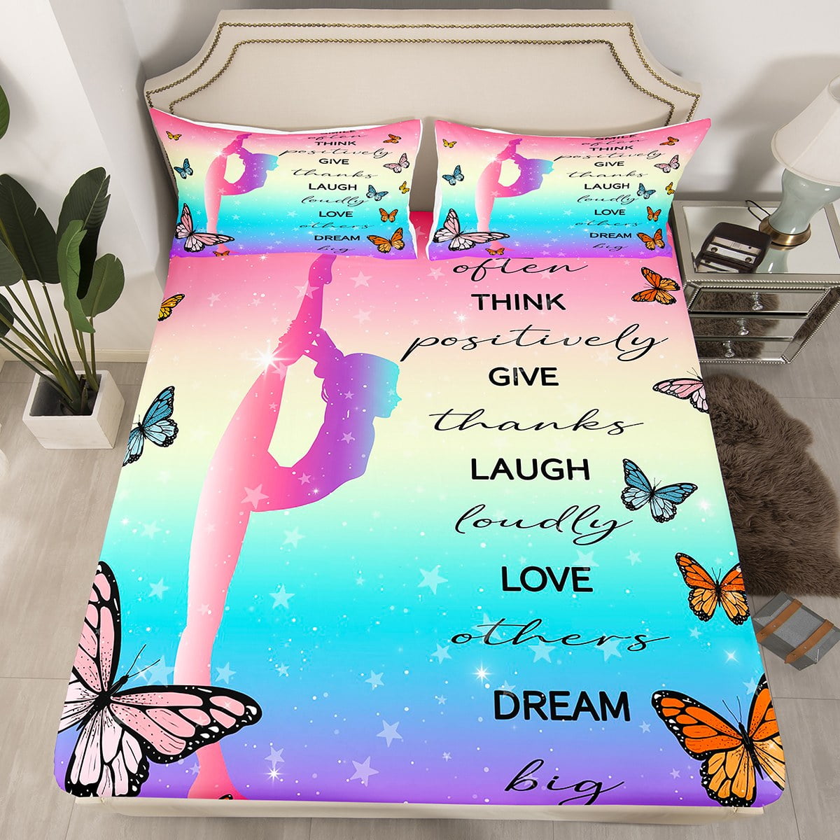 Erosebridal Gymnastics Bed Sheets Teens Chic Butterfly Fitted Sheet Full Size, Rainbow Galaxy ...